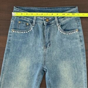 High Rise Blue Jeans with Pearl Detail